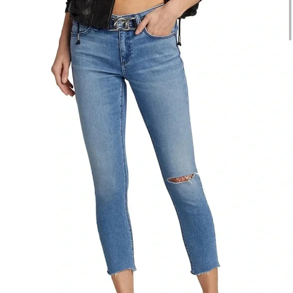 Rag & Bone Cate Mid-Rise Skinny Jeans with Distressed Knee in Blue sz 26